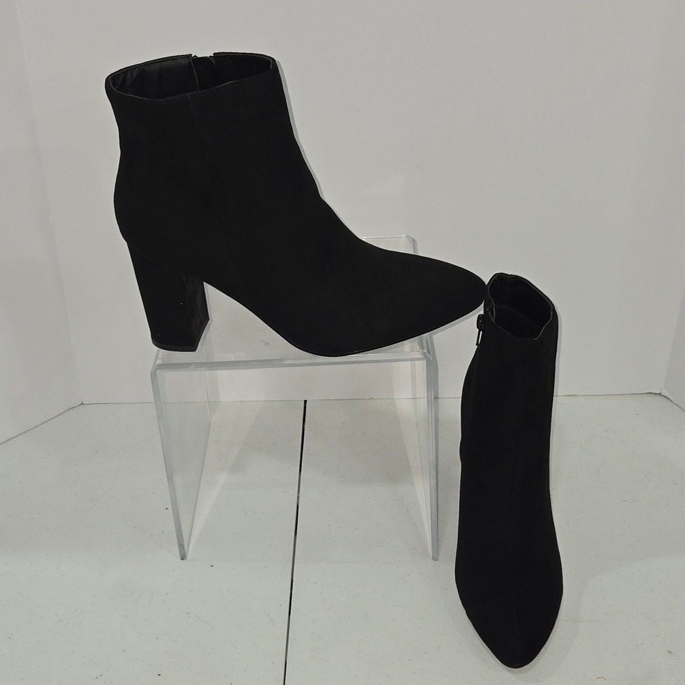 Fioni Womens Size 11 Black Faux Suede Ankle Boots Block Heel Pointed Toe AC568